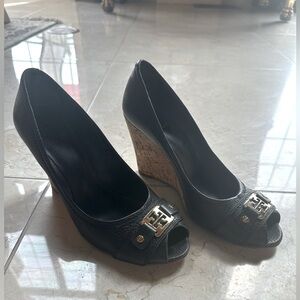 Tory Burch Carnell High Open Toe Cork Wedge Black Size 11